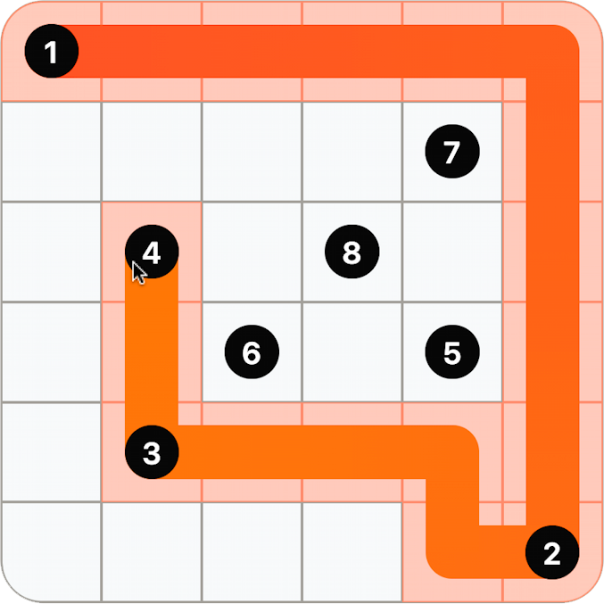 Zip Challenge puzzle grid showing a path connecting numbered nodes on a 6×6 grid.
